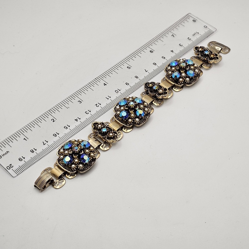 Vintage Florenza Style Floral Link Bracelet Gold Tone Blue Gold Pearl 8 Inches